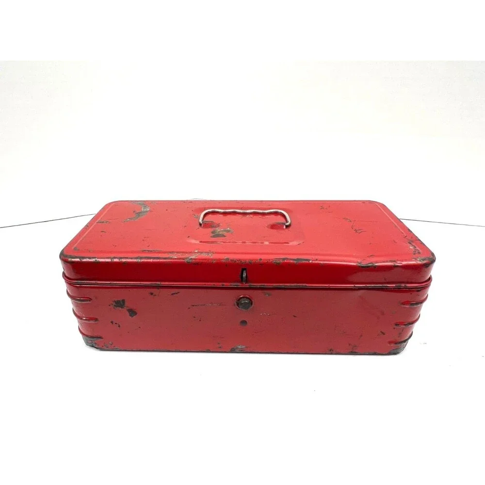 Vtg 1940s Red Metal Tool box Little Pal Handy Kit Art Deco Tool Box Salvage